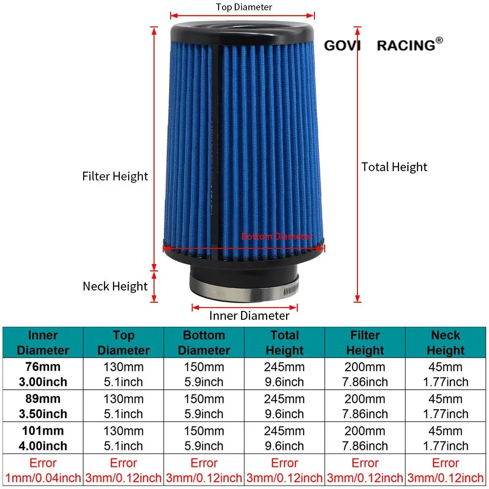 Nuovo filtro per aria auto da 245 mm con mesh di ferro da 76 mm universale blu per il tubo di aspirazione dell'aria dell'auto