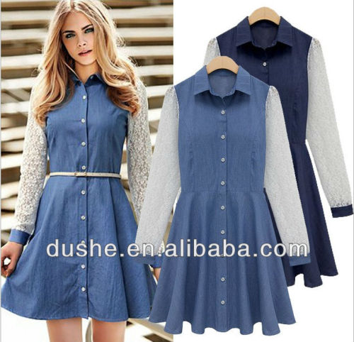 Hot Sell New Ladies Lace Sleeve Denim Jean Dress S120308