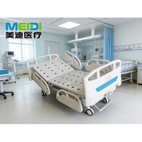 Punching Single Crank Nursing Bed with Four Small Guardrails, Triple Hollow Head & Foot Board, Blue Sticker, Central Control Bra
