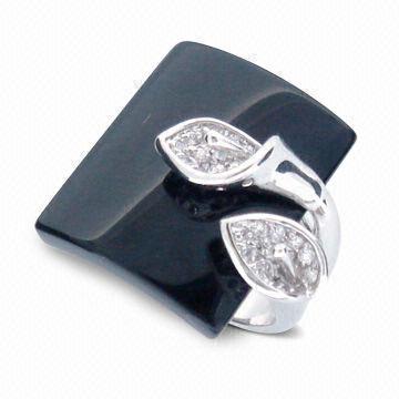 Fashion Ring with Black Onyx and Small White CZ in Rhodium Plating