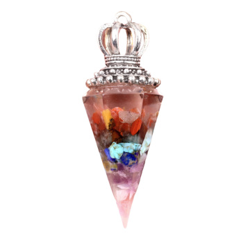 7 Chakra Chip Stone Resin Antique Silver Crown Hexagonal Cone Pendant & Pendulum