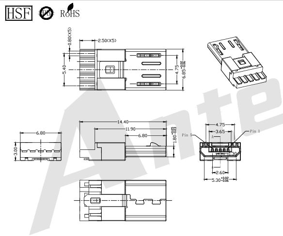 MUMS14 Micro USB 5P Plug Solder Front Five Rear Five