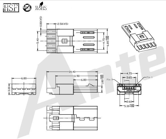 MUMS14 Micro USB 5P Plug Solder Front Five Rear Five