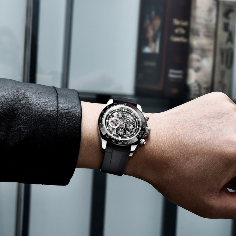 Men's Multi-functional Automatic Mechanical Watch with Hollowed Movement and Steel Band