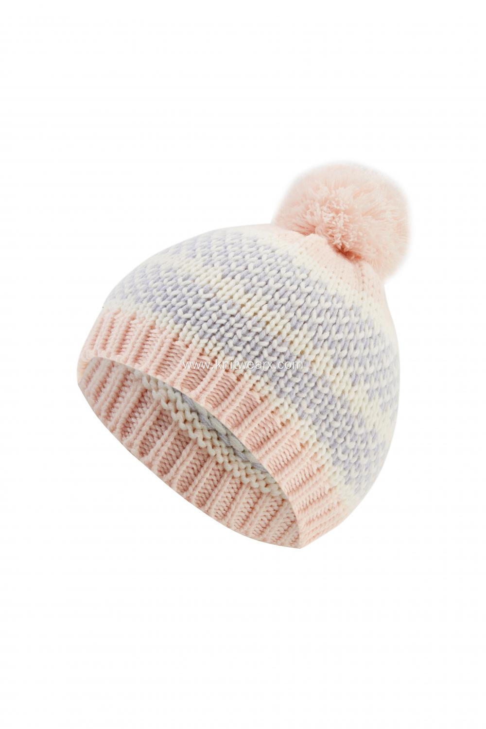 Girl's Knitted Striped Pompom Beanie Cap