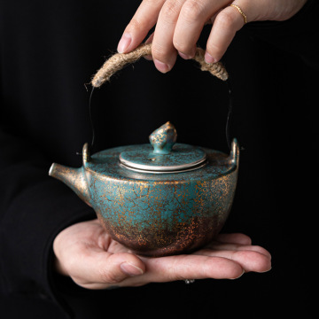 Gold and Silver Fireplace Tea Brewing Pot with Loop Handle - Japanese Ceramic Teakettle for Kung Fu Tea Set
