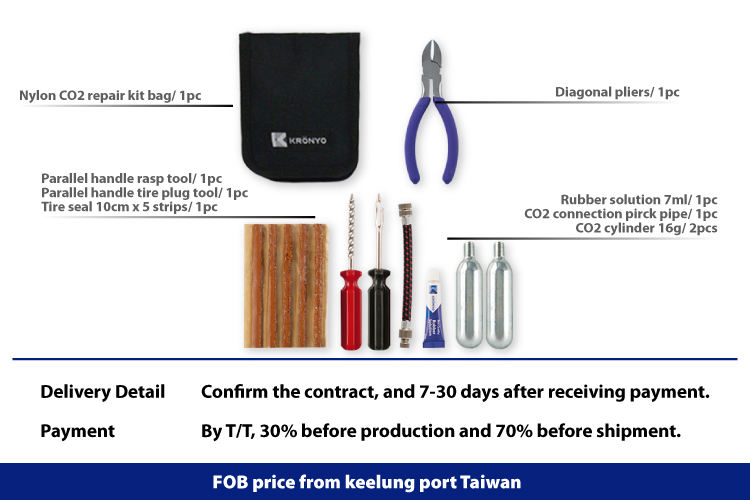 Kit de herramientas de reparación de neumáticos con sellador de neumáticos y mini cilindro de CO2