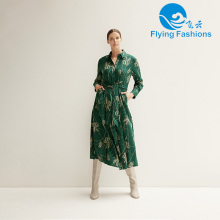 فستان ميدي أخضر بحزام على الخصر