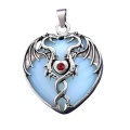 Opalite Heart Antique Silver Double Dragon Stone Pendant (32x42mm) Necklace 45cm Black Cord