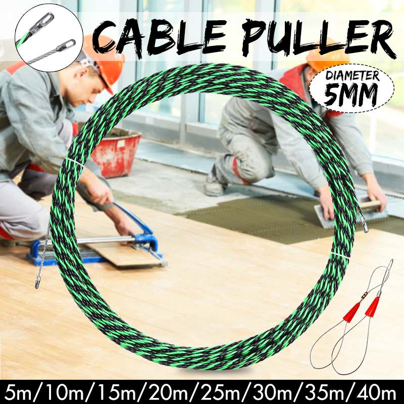 New 5-40M 5mm Green Guide Device Fiberglass Electric Cable Push Pullers Duct Snakes Rodder Fish Tape Wire + two Cable Tensioner