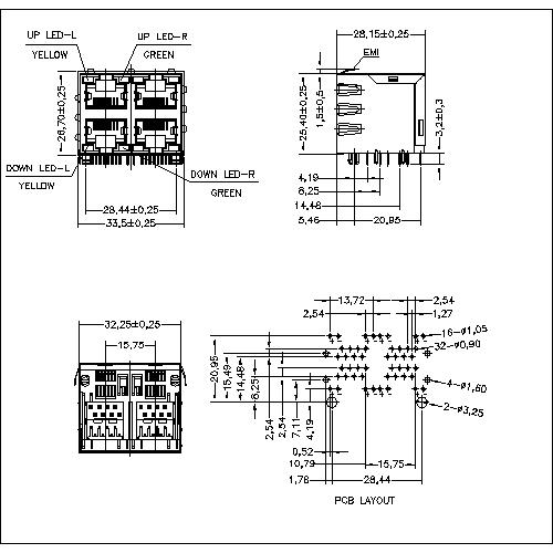 ATRJ5922-8P8C-X-C-H-B RJ45 Jack Side Entry Shielded 2X2P,with LED With EMI