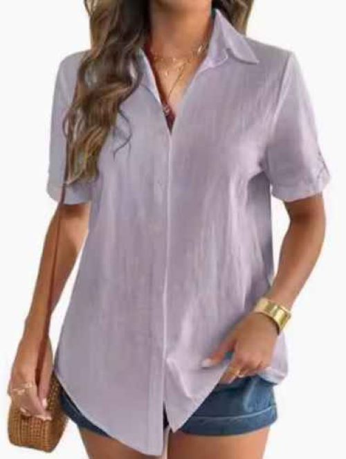 Women's linen button-down shirt with rolled-up short sleeves