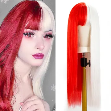 Retail Half Red Half White Anime Wigs With Bangs Long Silk Straight Wigs Synthetic Cosplay Costume Halloween Party Wigs For Gril