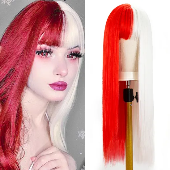 Retail Half Red Half White Anime Wigs With Bangs Long Silk Straight Wigs Synthetic Cosplay Costume Halloween Party Wigs For Gril