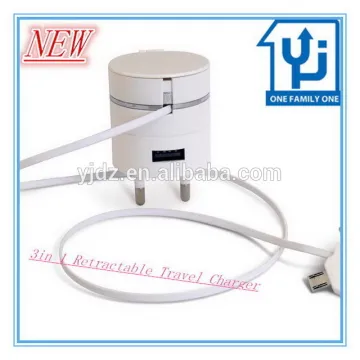 Bestest Worldwide 3 in 1 Retractable Travel Charger with USB Port for Smartphone