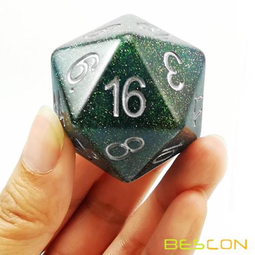 Bescon Glitter Jumbo D20 38MM, Большой размер 20 сторон Dice Glitter Turquoise Green, Большой 20 Faces Cube 1,5 дюйма