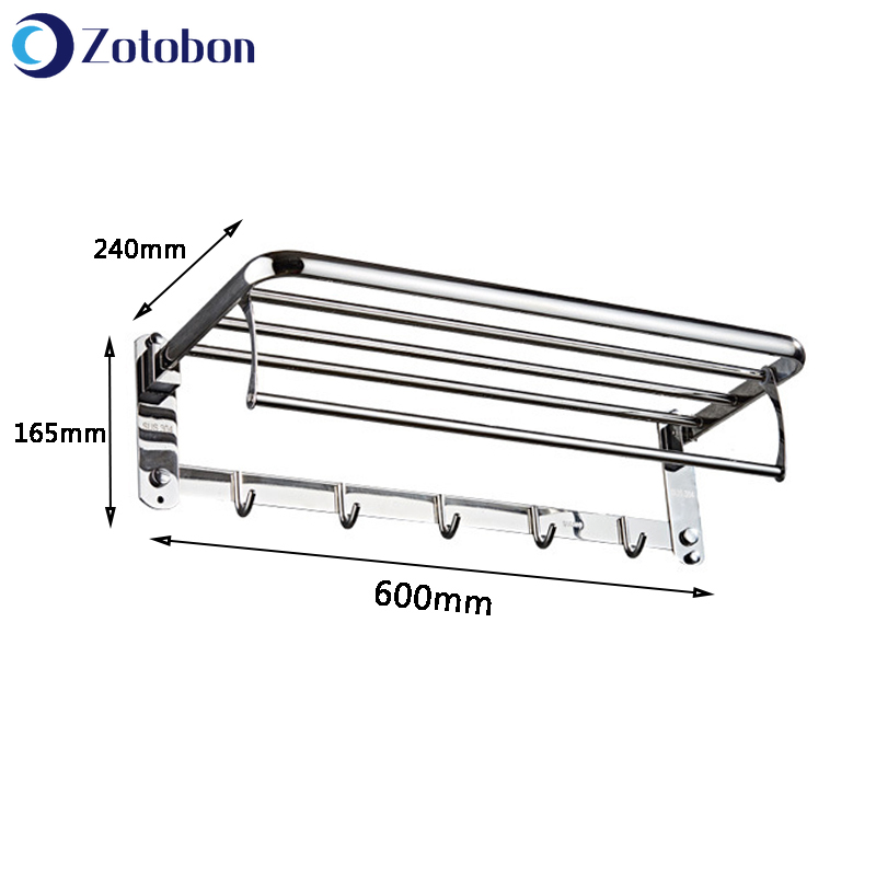 ZOTOBON Stainless Steel Towel Rack Wall Mounted Fold Towel Holder Storage Shelf with Hook Bathroom Shower Room Accessories H255