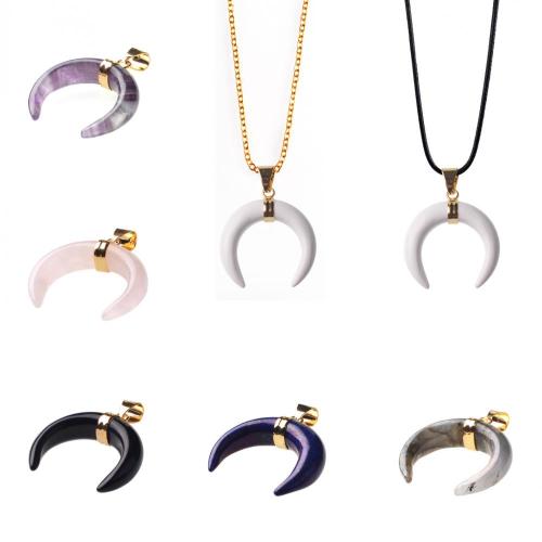 Gemstone Horns Necklace Healing Crystal Ox Horn Pendant Adjustable Natural Gemstone Necklace Reiki Quartz Jewelry for Men Women