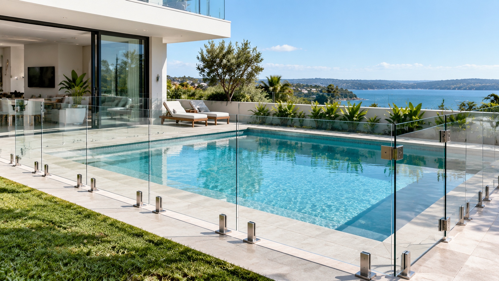 Frameless glass pool fence surrounding a modern residential swimming pool