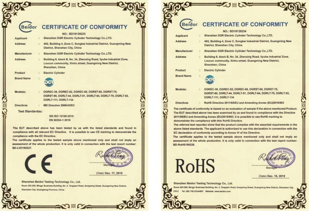 Electric cylinder certificates