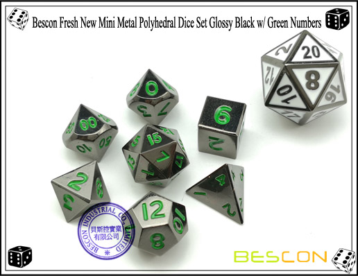 Bescon Fresh New Mini Metal Polyhedral Dice Set Glossy Black with Green Numbers-1