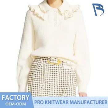 White Ruffle Edge Knitted Top for Women