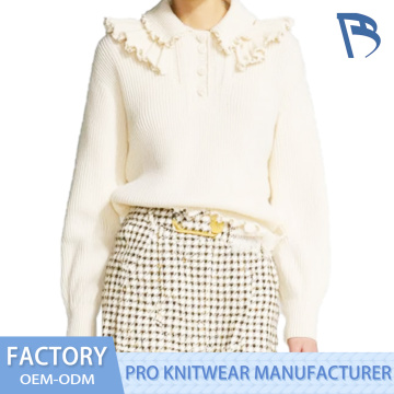 White Ruffle Edge Knitted Top untuk Wanita