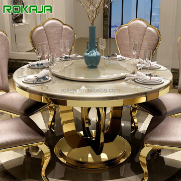 Luxe ronde goud roestvrijstalen basismarmeren eettafel met draaitafel (4-8 zitten)