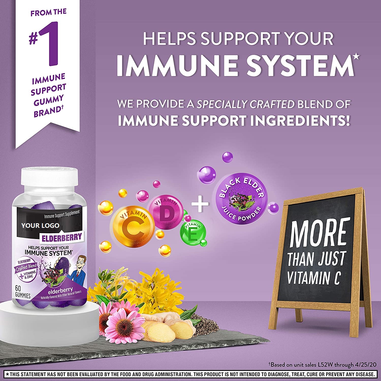 OEM/ODM Gluten Free Gelatin Free Immune Support Pectin Vitamin C Black Elderberry Gummies