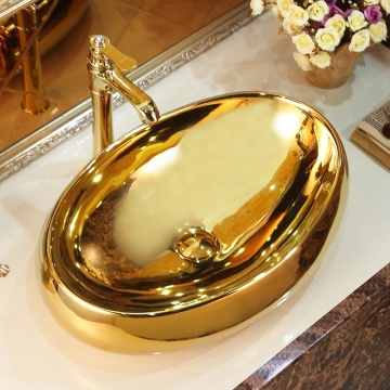 Oval Gold Electroplated Ceramic Bathroom Vessel Sink Bowl