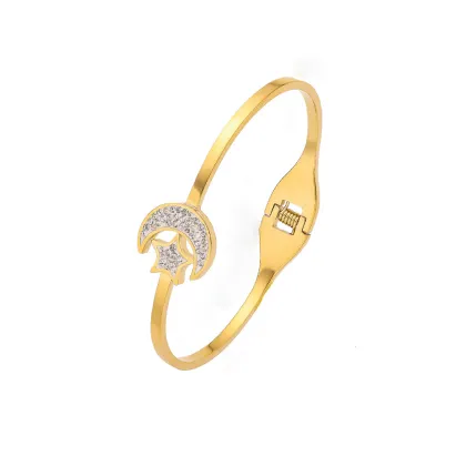 Gold Color Stainless Steel Star Moon Diamond Bangle Bracelet Jewelry