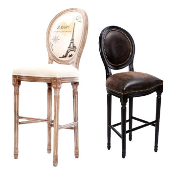 Vintage Leather Solid Wood Frame Restaurant Bar Chair with Neoclassical Embroidered Cotton and Hemp Back