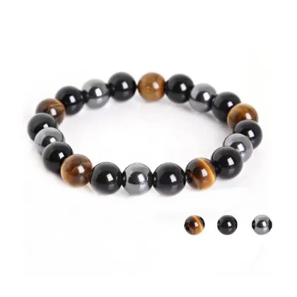 Natural Obsidian Tiger's Eye Healing Bracelet for Stress & Anxiety Relief with Hematite