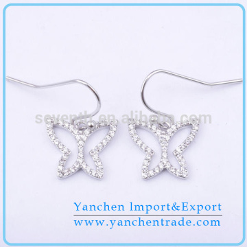 Fashionable Butterfly Design Rhodium Plated Micro Pave CZ Diamond Drop Earring