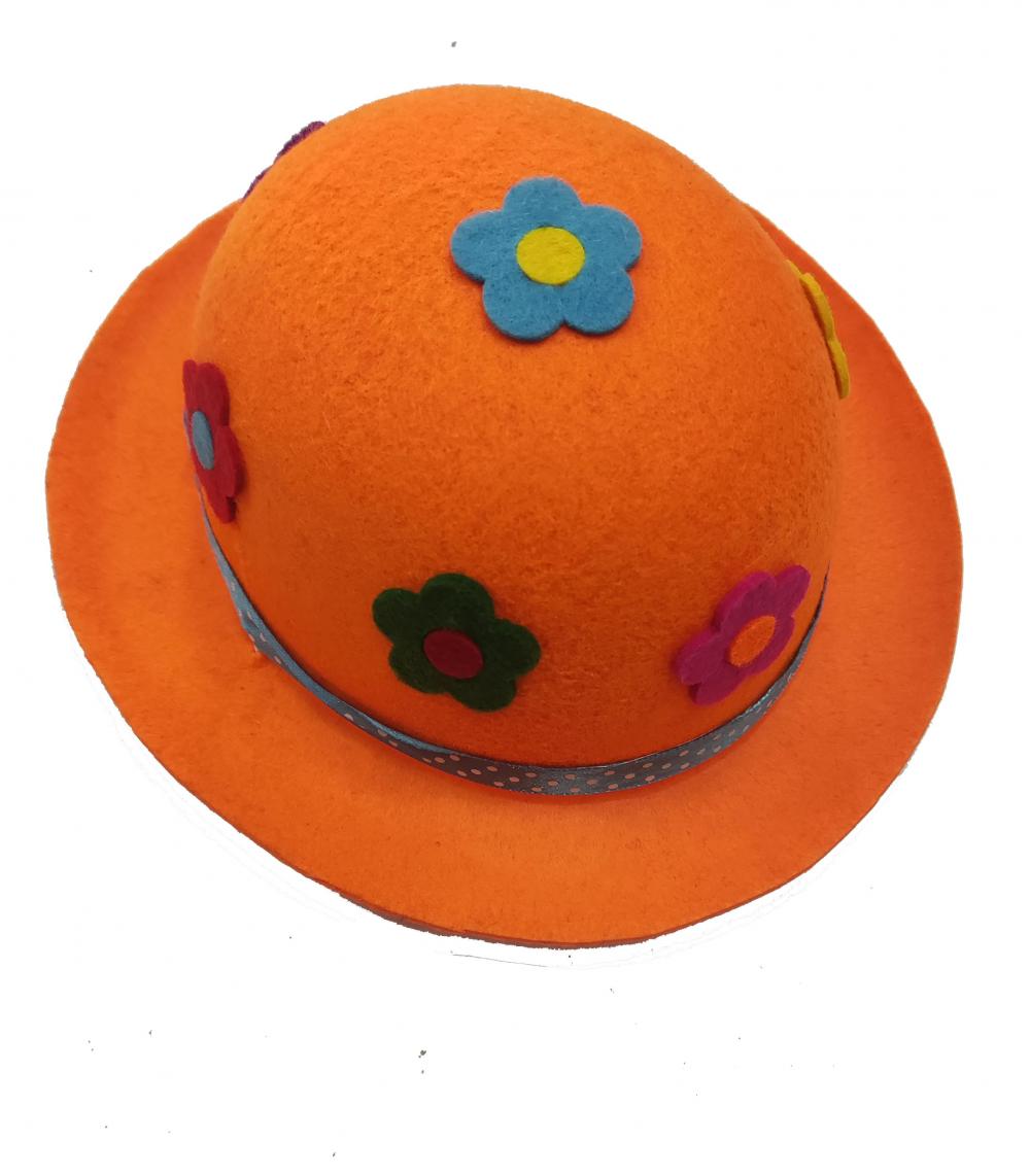 Hochwertiger orangefarbener Hut mit bunte Blume