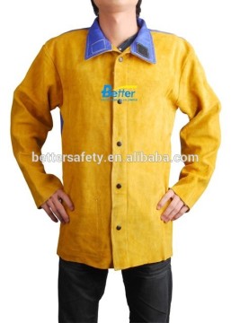 Blue FR(Flame Retardant) Back Welding Jacket With Yellow Leather Sleeves and Front
