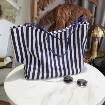 Customized Striped Canvas Cotton Reusable Tote Shoulder Bag