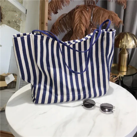 Customized Striped Canvas Cotton Reusable Tote Shoulder Bag