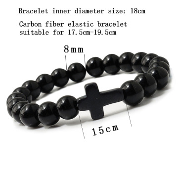 Fashion Religion Cross Beads Bracelet Men Women 8mm Natural Stone Healing Tiger Eye & Black Matte Agate Elastic Stretch Bangle