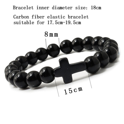 Fashion Religion Cross Beads Bracelet Men Women 8mm Natural Stone Healing Tiger Eye & Black Matte Agate Elastic Stretch Bangle