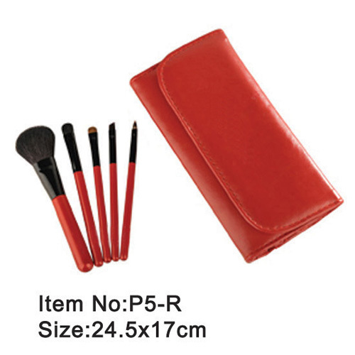 5pz kit capelli manico plastica rosso animale/nylon trucco pennello con cartella di cuoio rosso PU