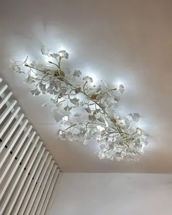 Luxurious Ceramic Ginkgo Leaf Staircase Villa Hotel Flush Mount Ceiling Light