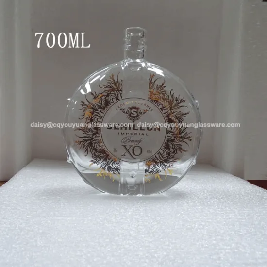 Wholesale brandy xo cognac round flask 700 glass bottle with lids