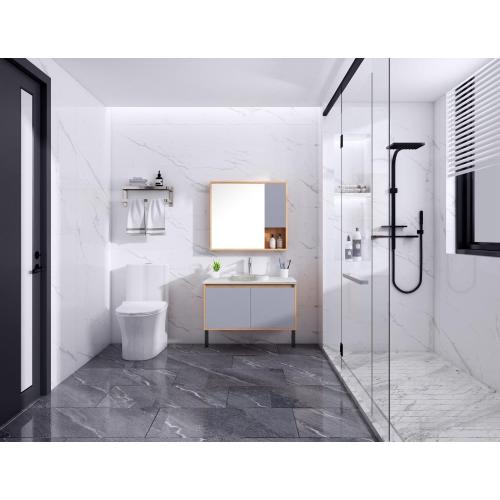 White plywood bathroom mirrored cabinet with ceramic basin