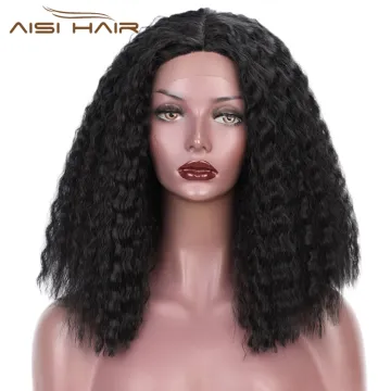Aisi Hair Top Quality Medium Long Natural Black Wig Synthetic Lace Front Wig Middle Part Afro Curly Kinky Hair Wigs For Women