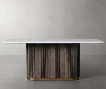 Modern Solid Oak Wood Finnley Rectangular Dining Table with Luxury Marble Top Brass Base