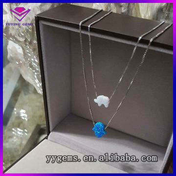 Wholesale price Synthetic Opal Elephant Pendant with noble 925 Sterling Silver Chain Necklace