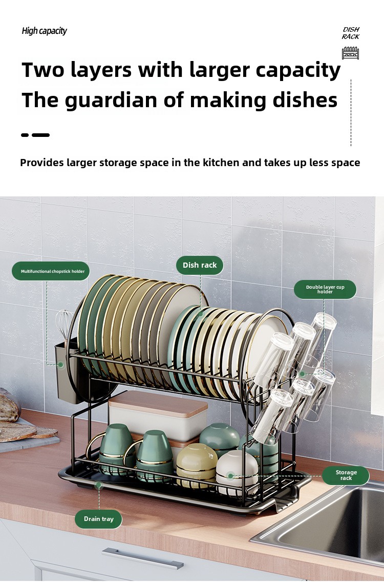 Multi-Functional Double-Tier Metal Dish Rack