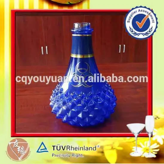 Custom Made Embossed Blue Coated Custom Gold Logo Empty 700ml Large Essential Oil Glass Bottle