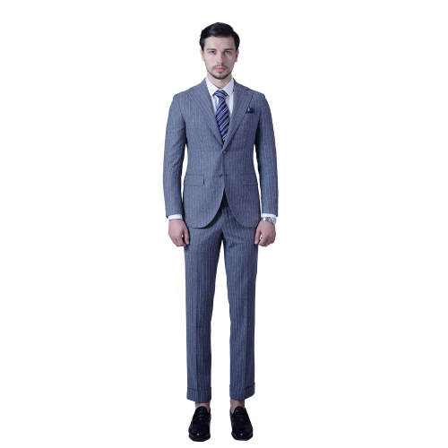 Custom Slim Fit Full Canvas Gray Striped Suit